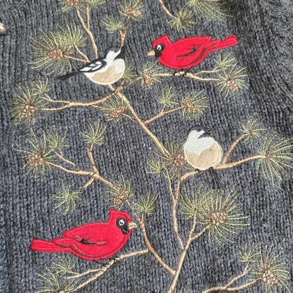 Croft& Barrow cardinal chickadee birds nature embroider zip sweater ramie silk M - Picture 7 of 8